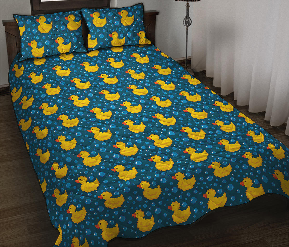 Pixel Rubber Duck Pattern Print Quilt Bed Set