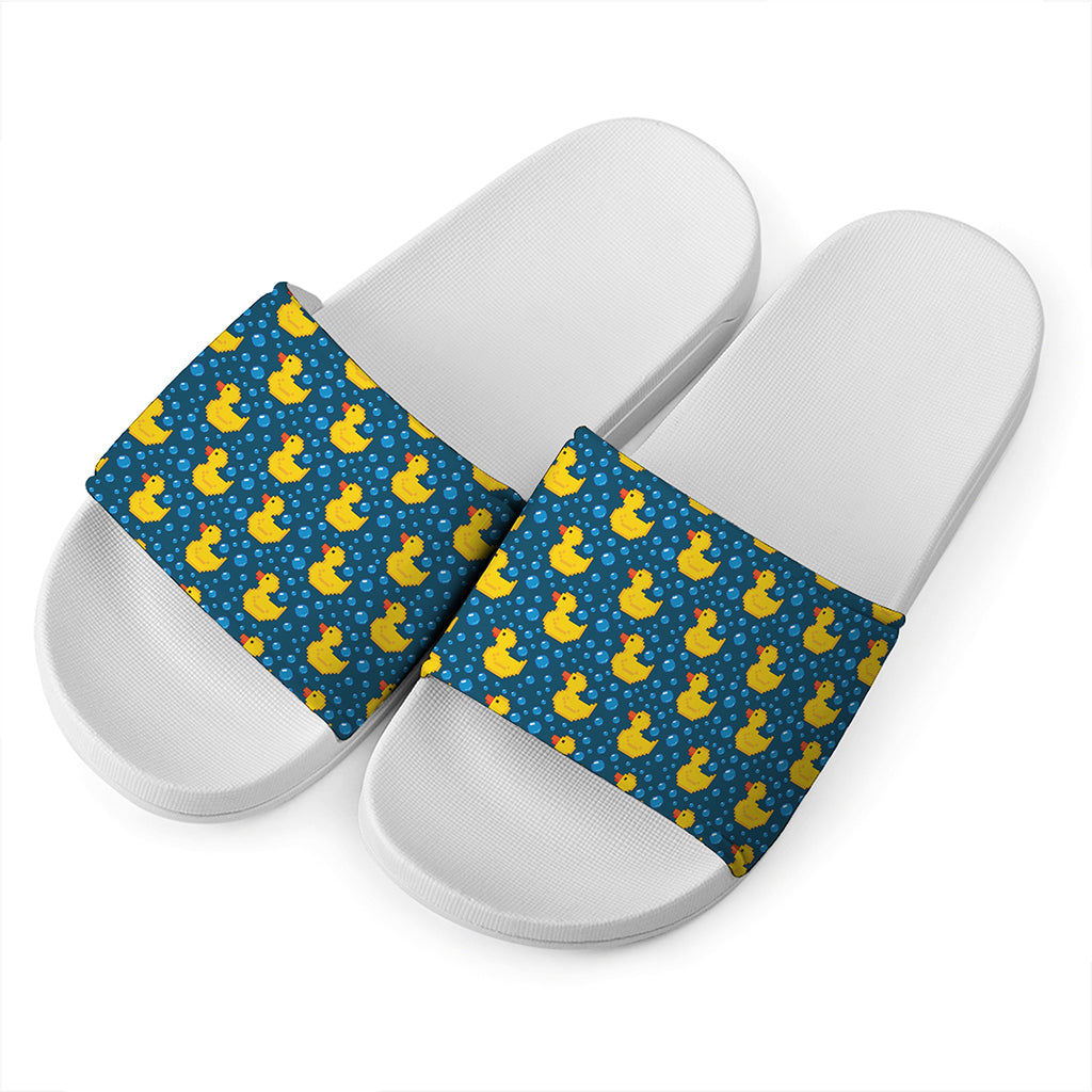 Pixel Rubber Duck Pattern Print White Slide Sandals
