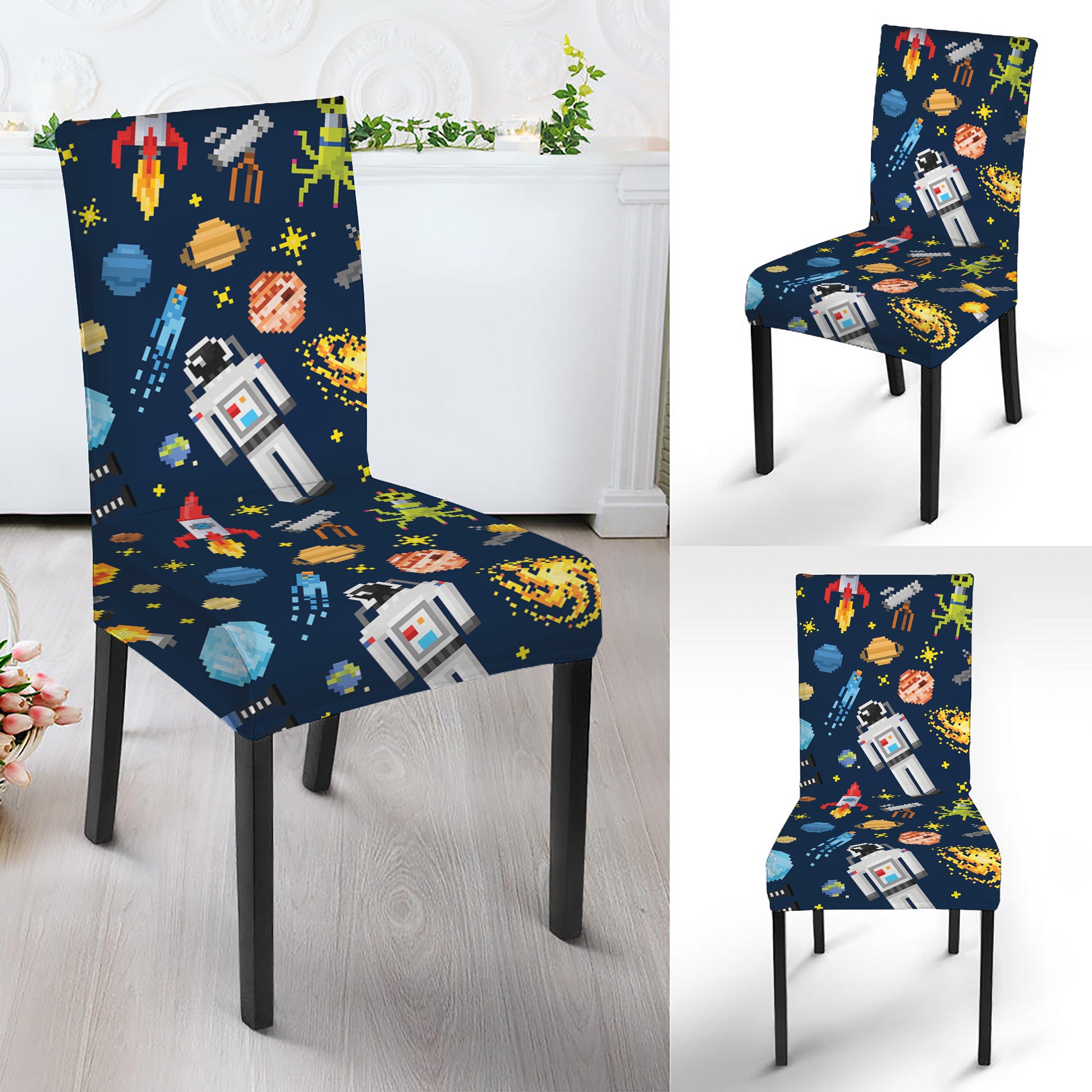 Pixel Space Pattern Print Dining Chair Slipcover