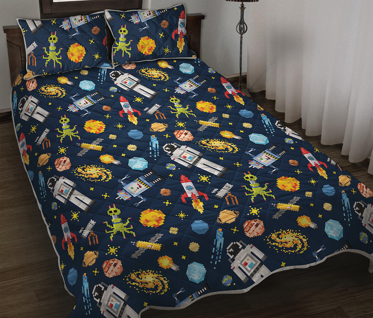 Pixel Space Pattern Print Quilt Bed Set