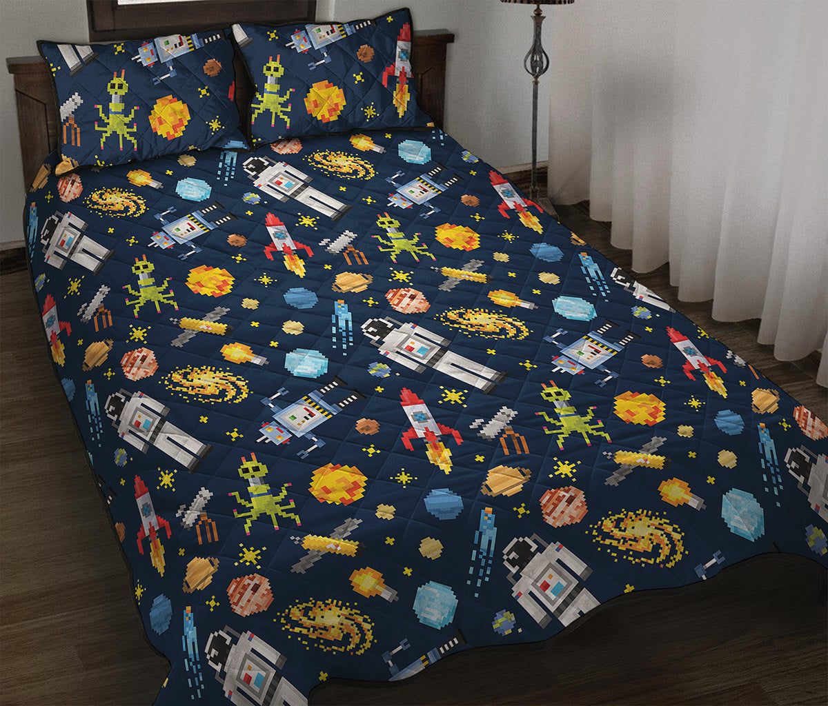 Pixel Space Pattern Print Quilt Bed Set