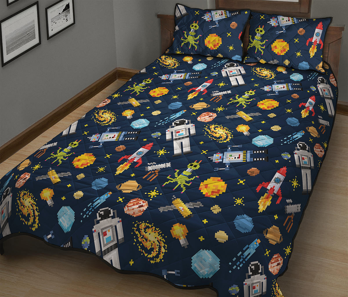 Pixel Space Pattern Print Quilt Bed Set