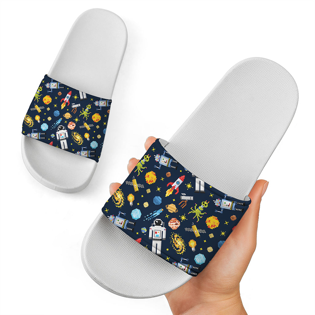 Pixel Space Pattern Print White Slide Sandals