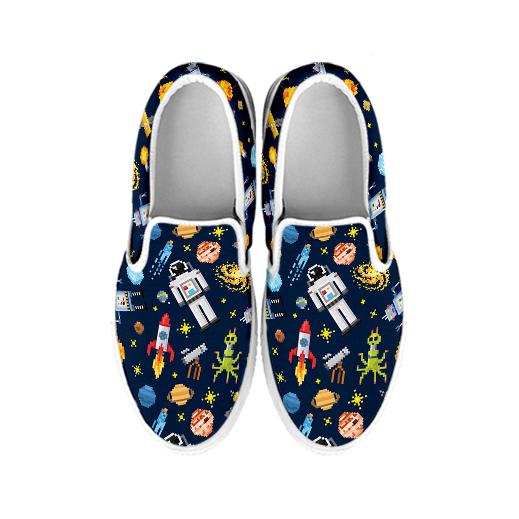 Pixel Space Pattern Print White Slip On Shoes