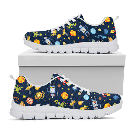 Pixel Space Pattern Print White Sneakers