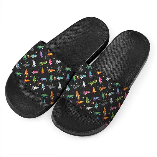 Pixel Spaceships Pattern Print Black Slide Sandals