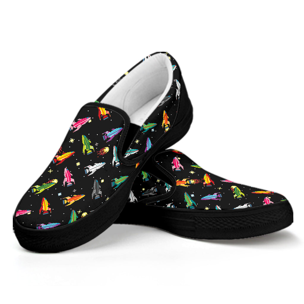 Pixel Spaceships Pattern Print Black Slip On Shoes