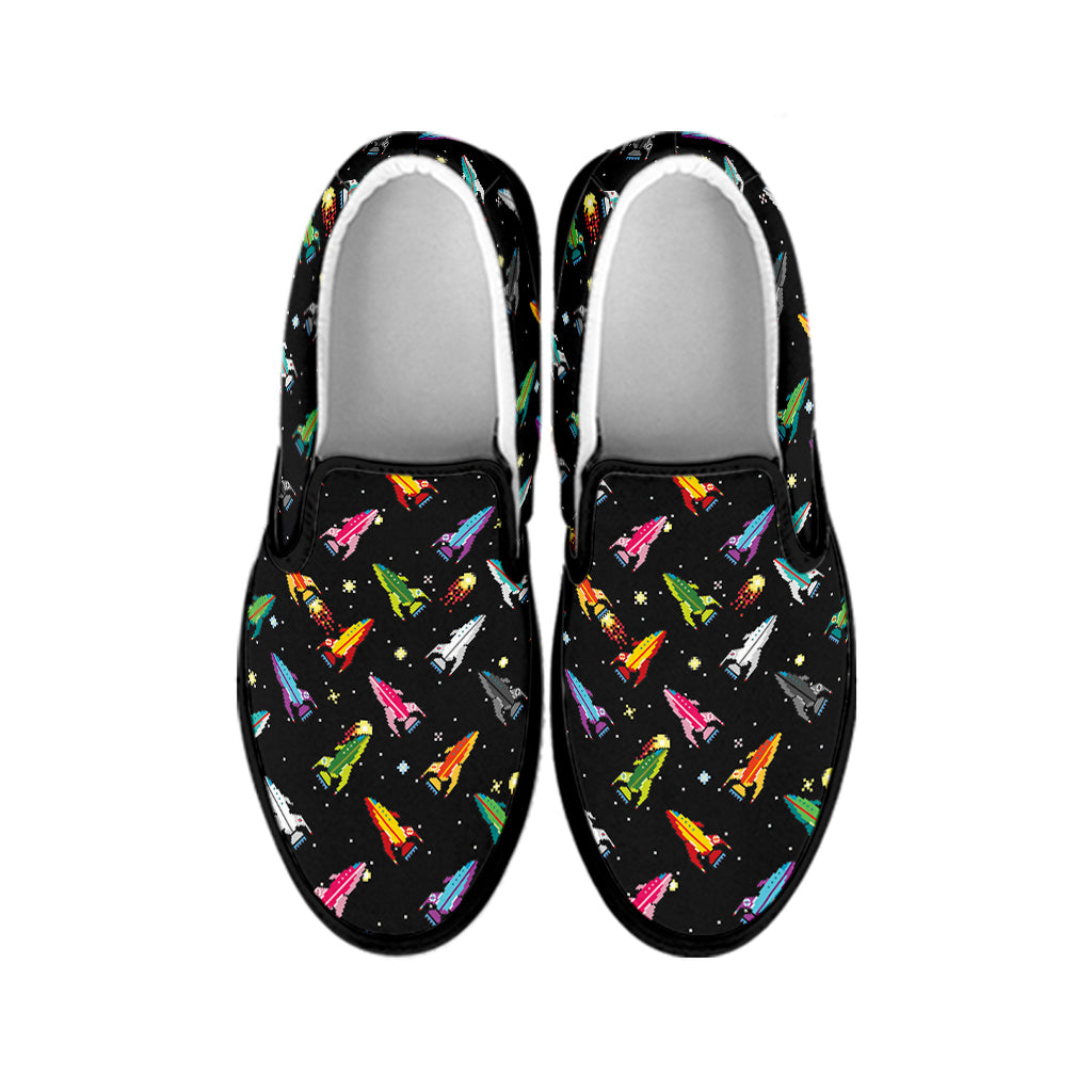 Pixel Spaceships Pattern Print Black Slip On Shoes