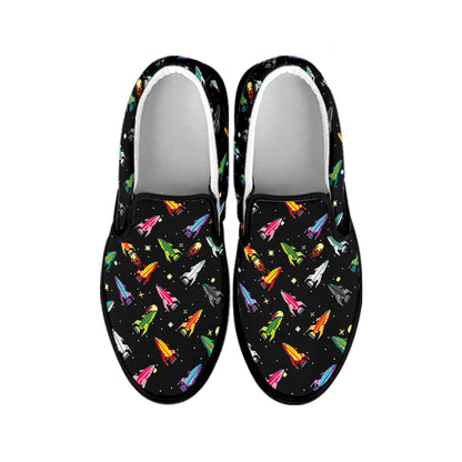 Pixel Spaceships Pattern Print Black Slip On Shoes