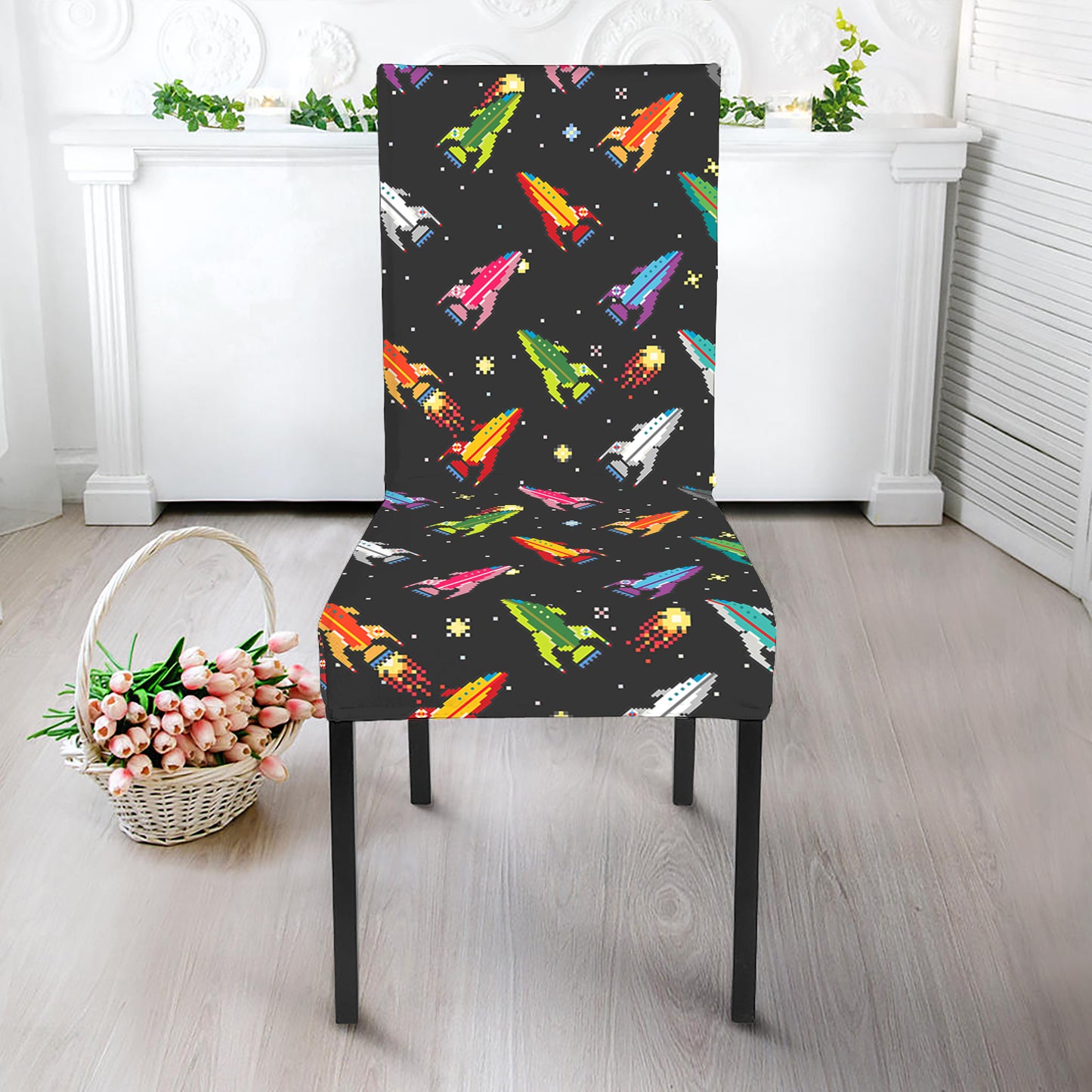 Pixel Spaceships Pattern Print Dining Chair Slipcover