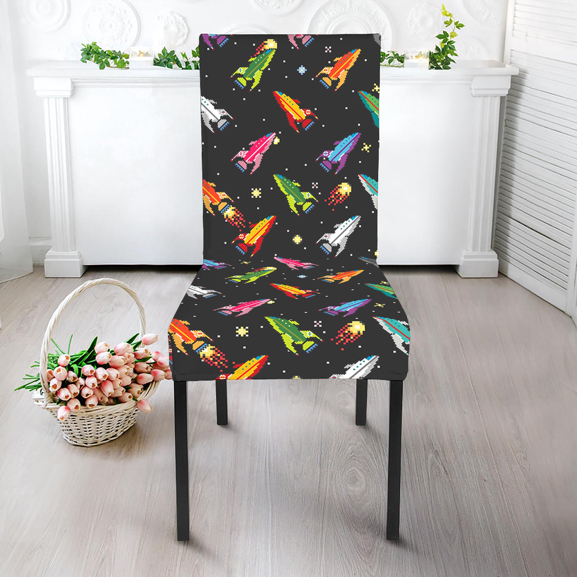 Pixel Spaceships Pattern Print Dining Chair Slipcover