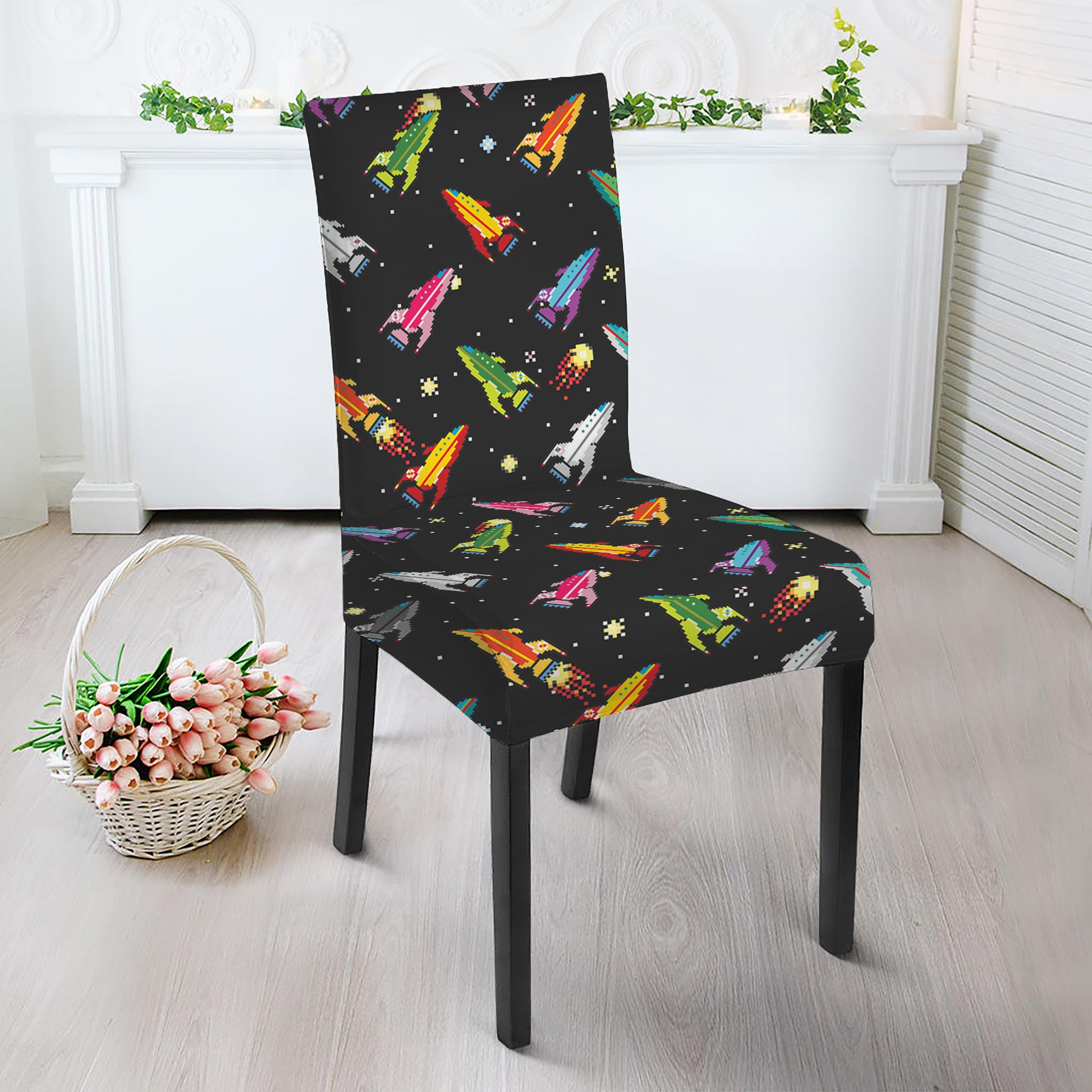 Pixel Spaceships Pattern Print Dining Chair Slipcover