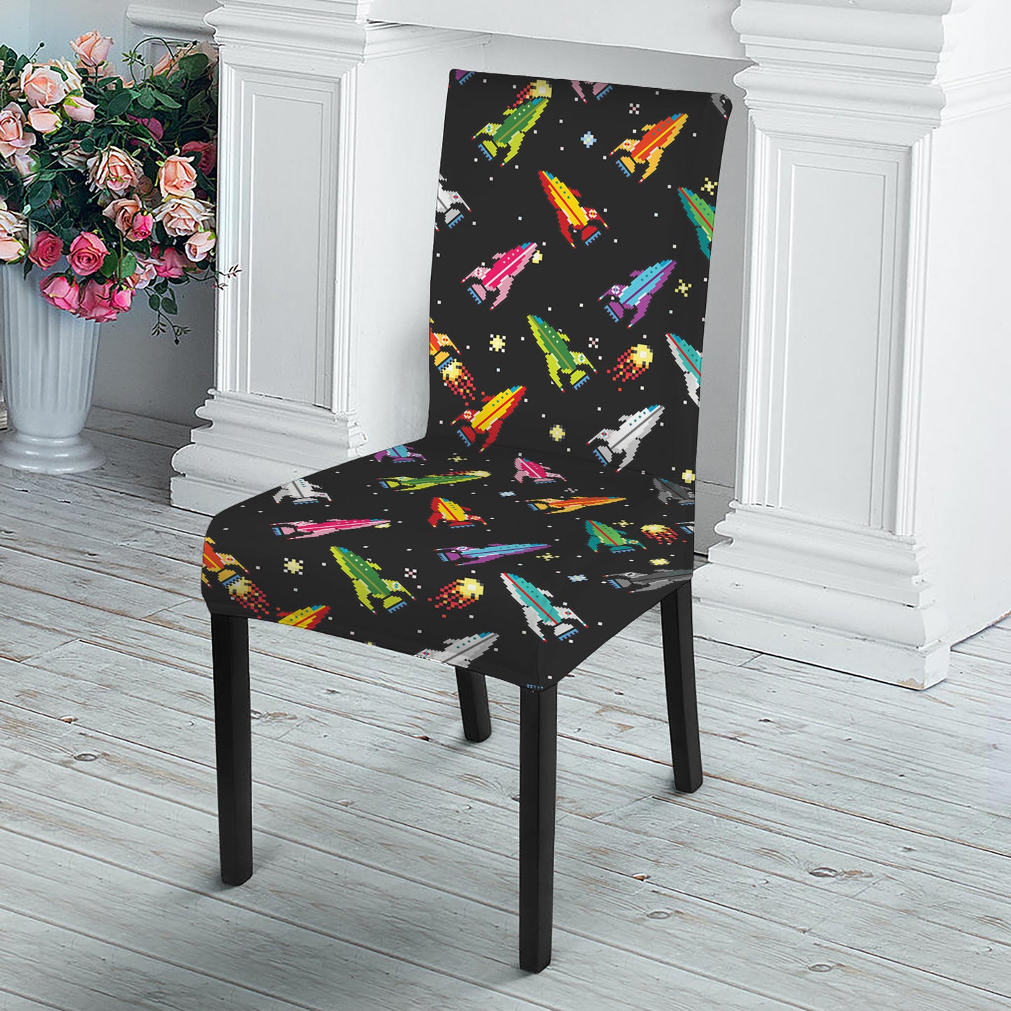 Pixel Spaceships Pattern Print Dining Chair Slipcover