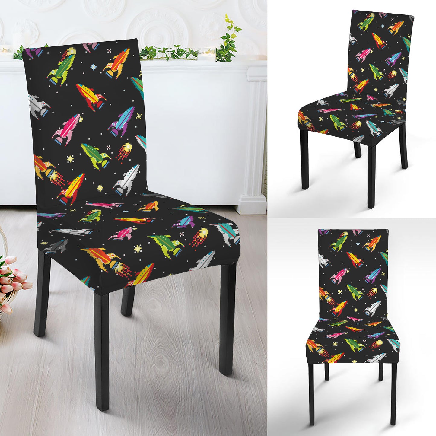 Pixel Spaceships Pattern Print Dining Chair Slipcover