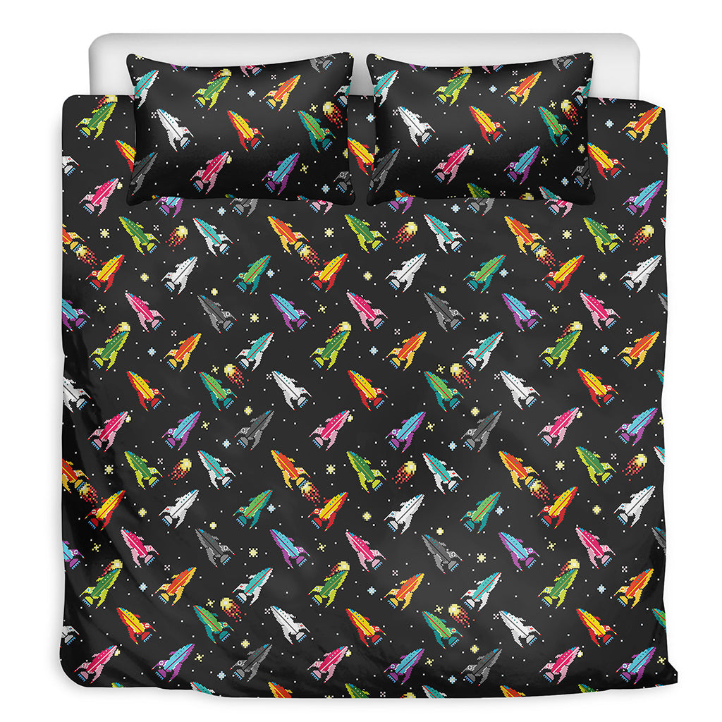 Pixel Spaceships Pattern Print Duvet Cover Bedding Set