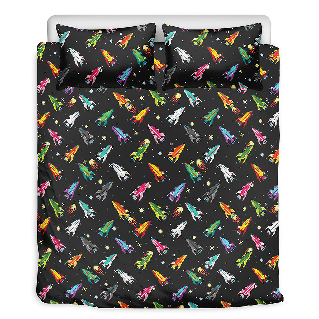 Pixel Spaceships Pattern Print Duvet Cover Bedding Set