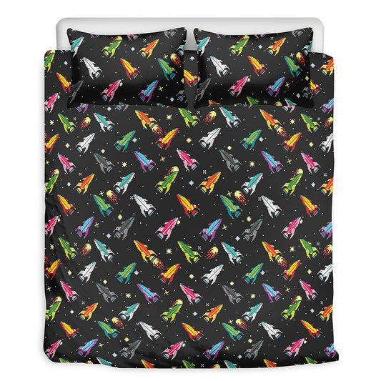 Pixel Spaceships Pattern Print Duvet Cover Bedding Set