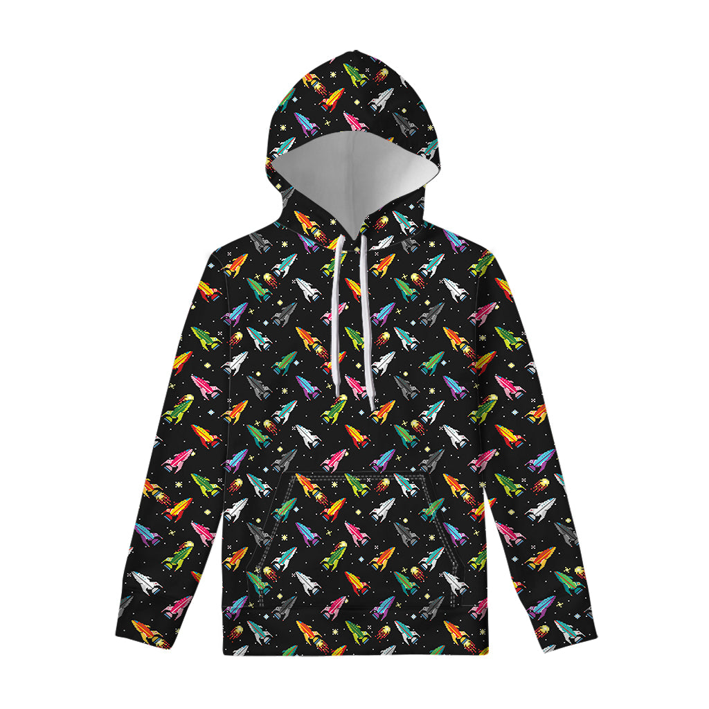 Pixel Spaceships Pattern Print Pullover Hoodie