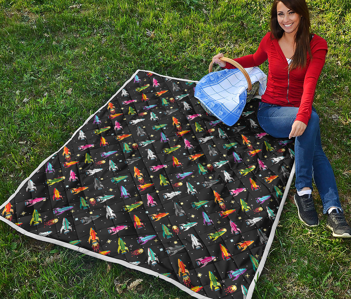 Pixel Spaceships Pattern Print Quilt