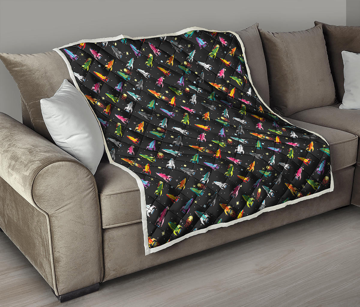 Pixel Spaceships Pattern Print Quilt