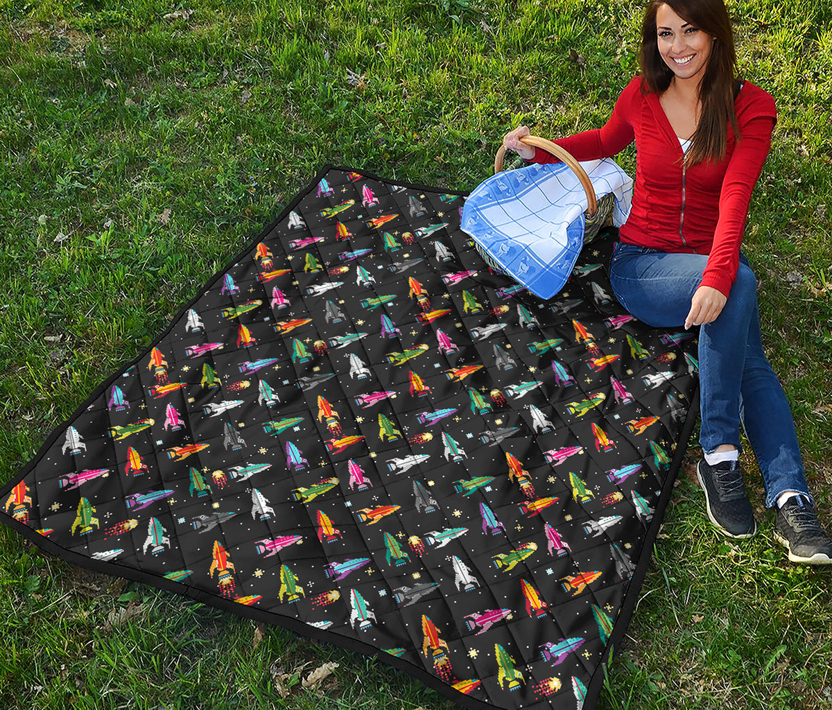 Pixel Spaceships Pattern Print Quilt
