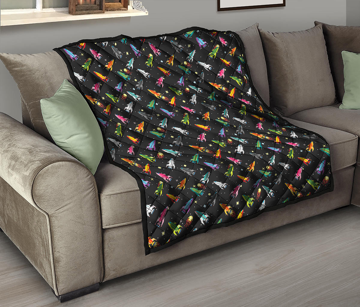 Pixel Spaceships Pattern Print Quilt