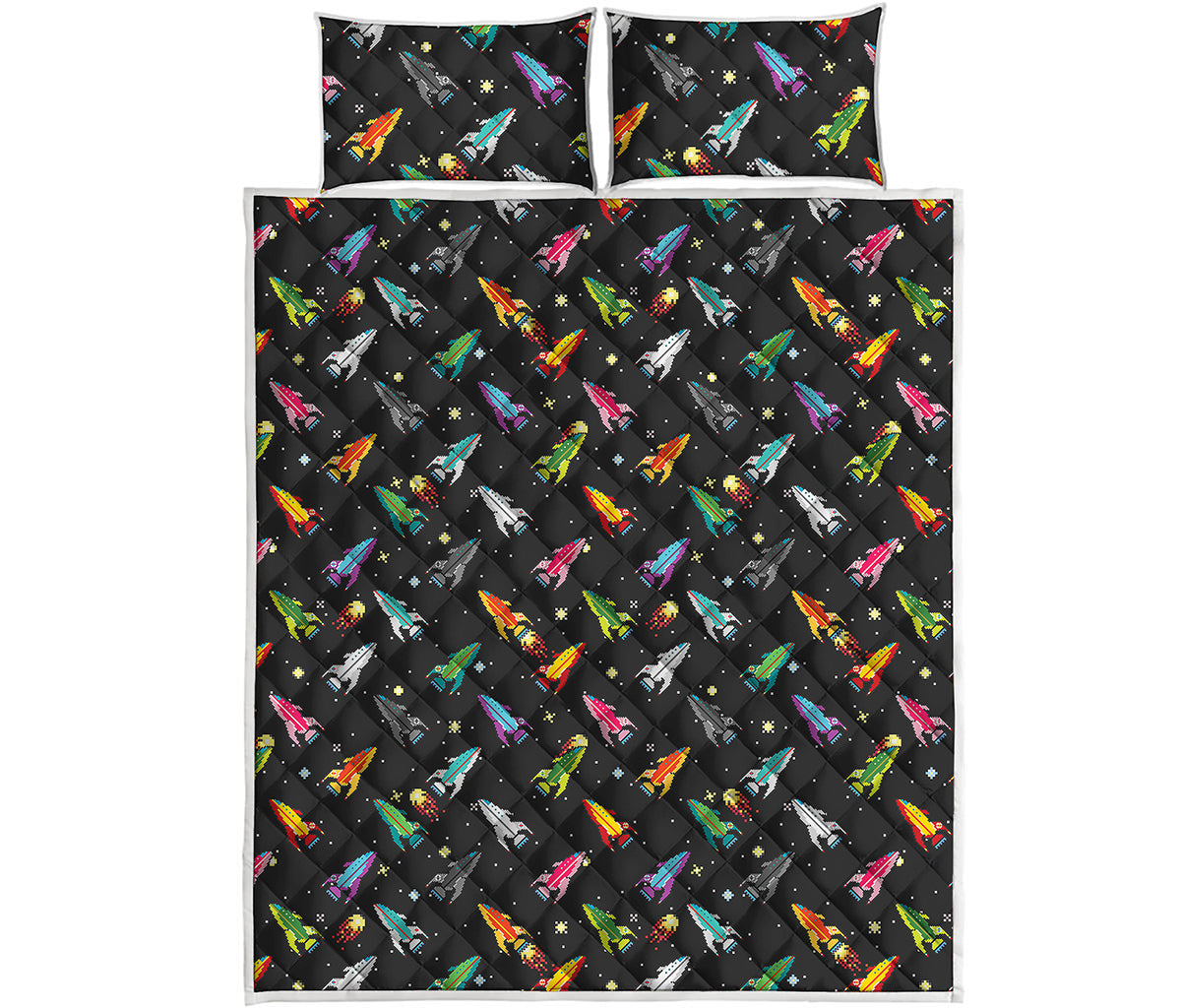 Pixel Spaceships Pattern Print Quilt Bed Set