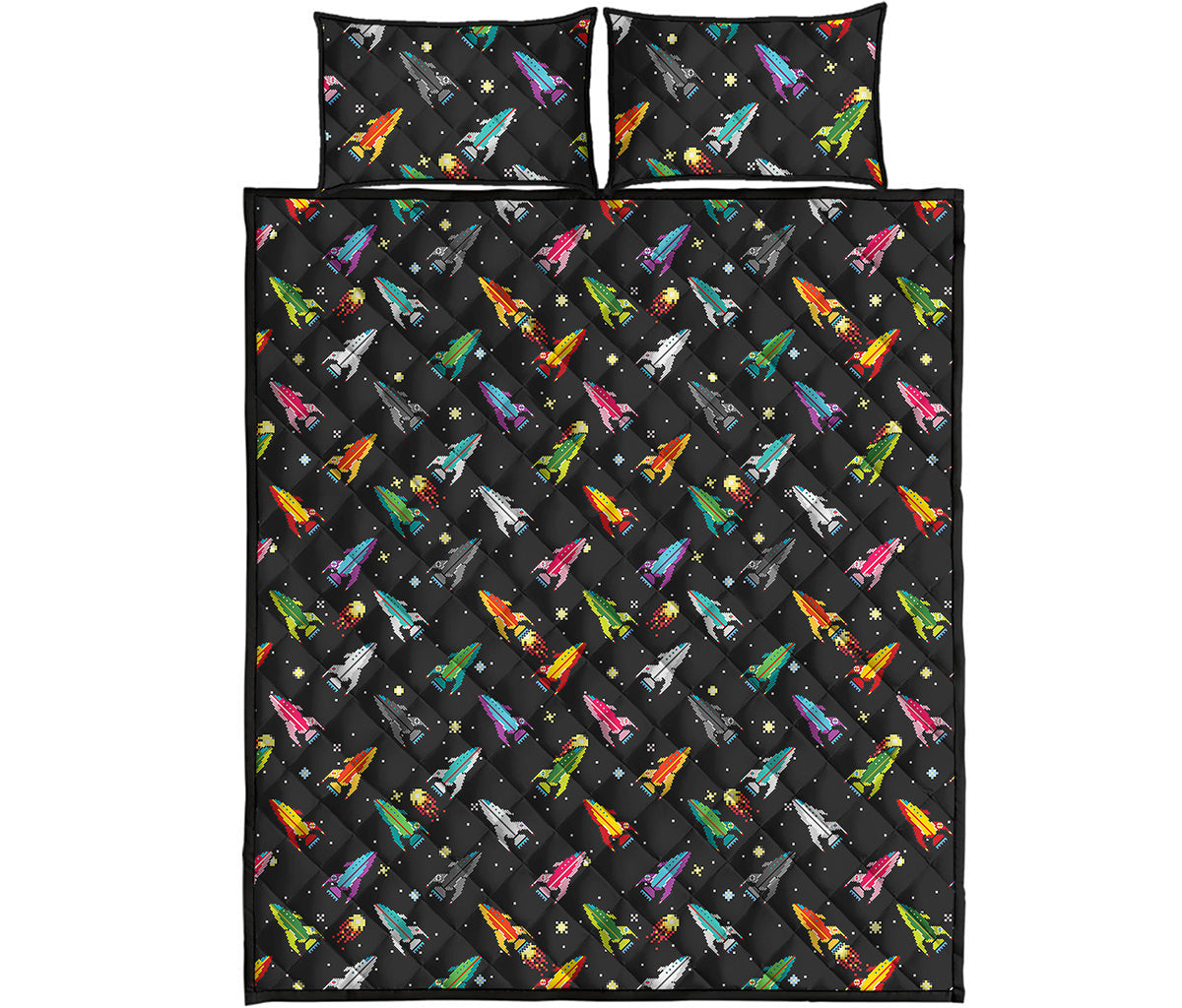 Pixel Spaceships Pattern Print Quilt Bed Set