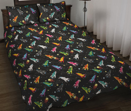 Pixel Spaceships Pattern Print Quilt Bed Set