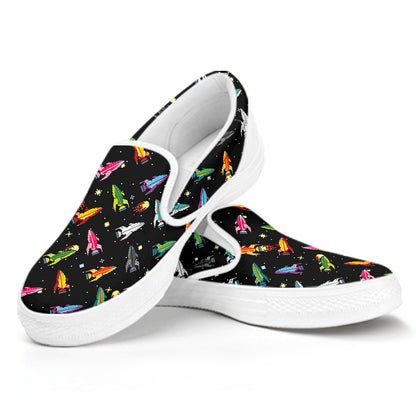 Pixel Spaceships Pattern Print White Slip On Shoes