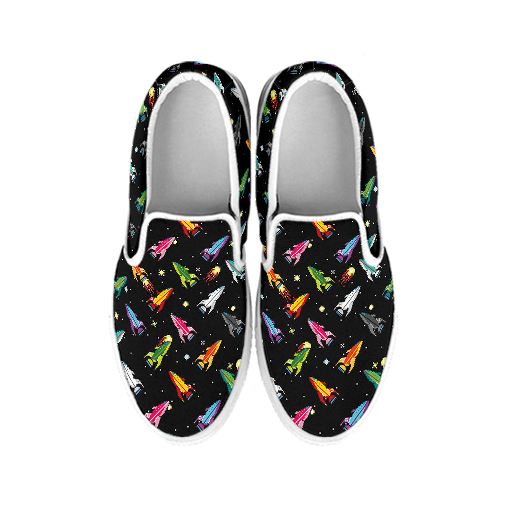 Pixel Spaceships Pattern Print White Slip On Shoes