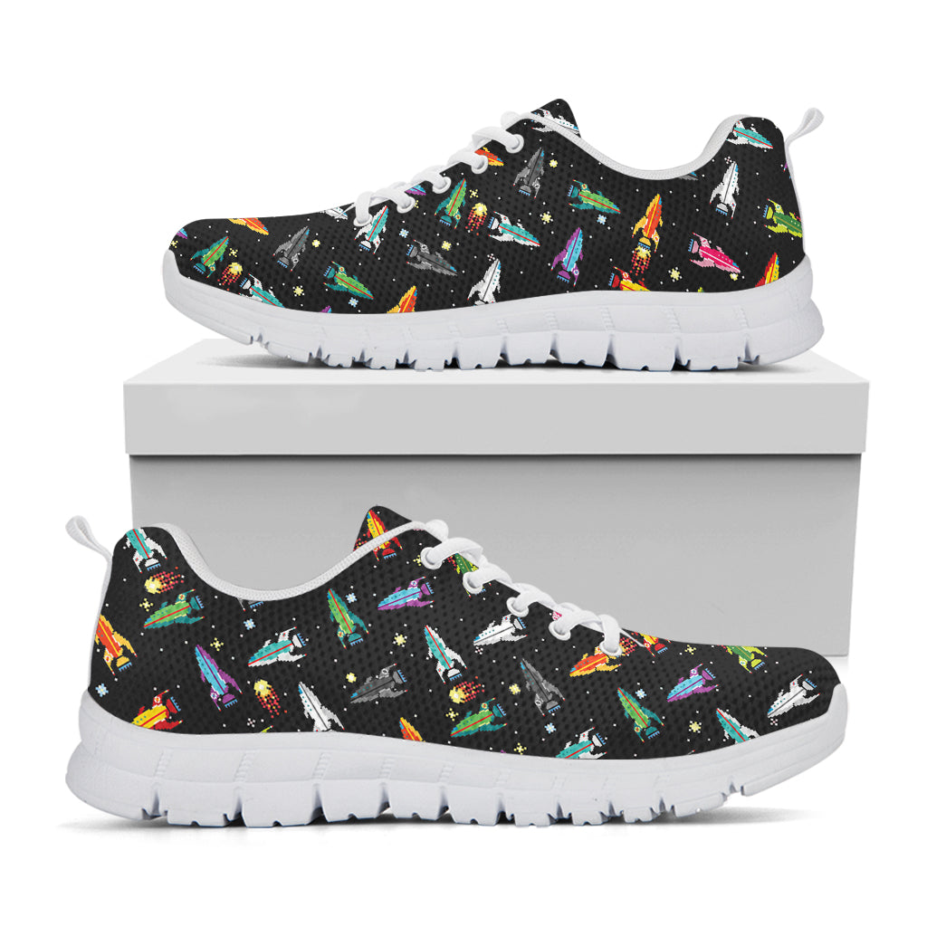 Pixel Spaceships Pattern Print White Sneakers