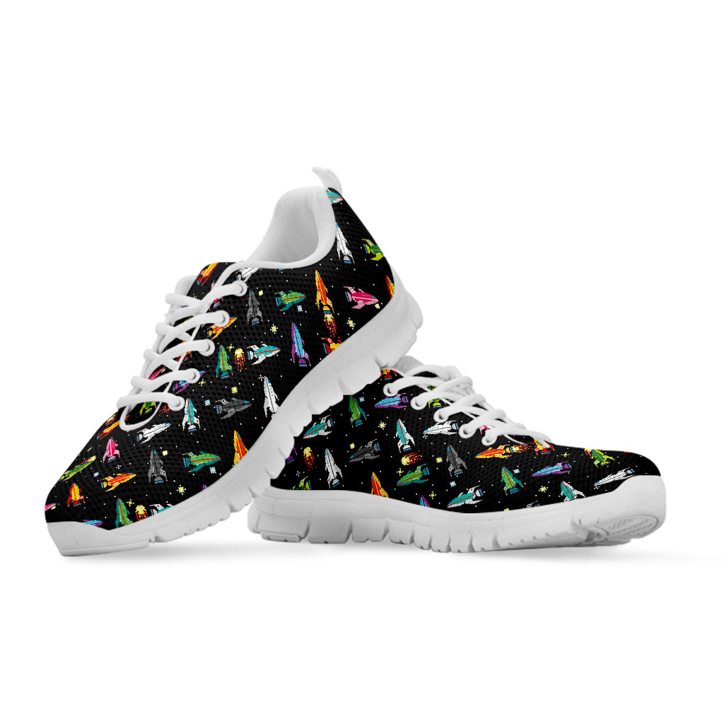 Pixel Spaceships Pattern Print White Sneakers