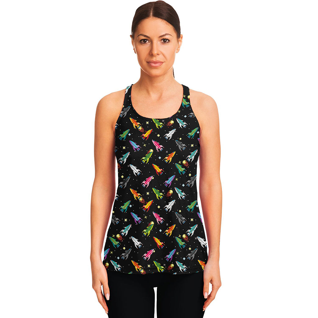 Pixel Spaceships Pattern Print Women's Racerback Tank Top