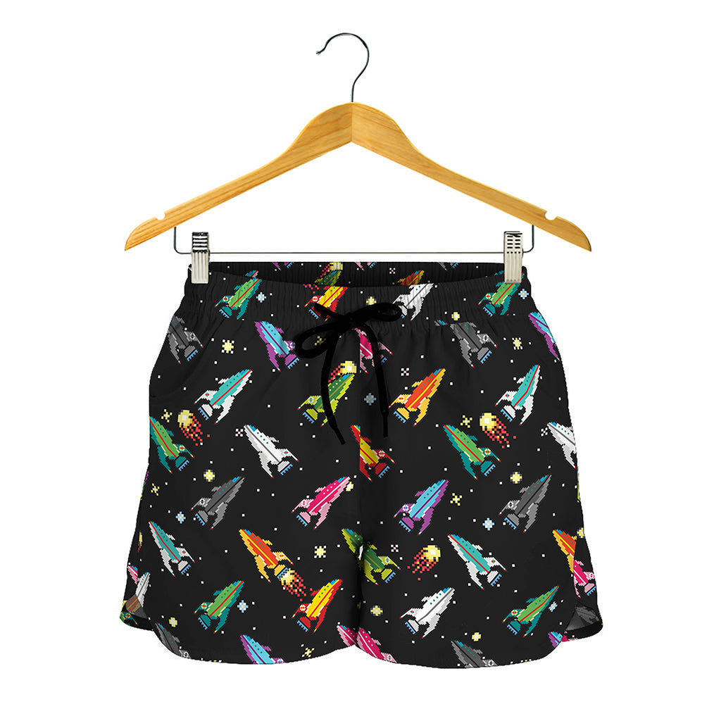 Pixel Spaceships Pattern Print Women's Shorts