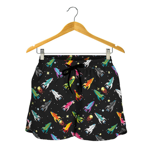 Pixel Spaceships Pattern Print Women's Shorts