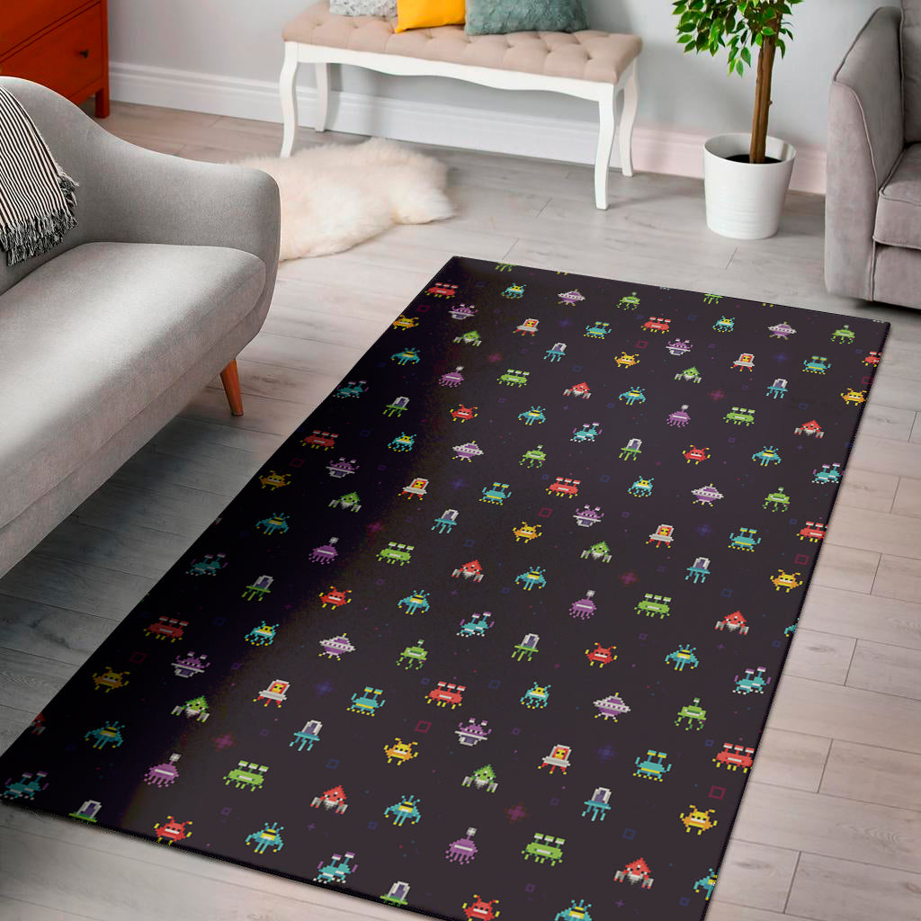 Pixel UFO Aliens Pattern Print Area Rug