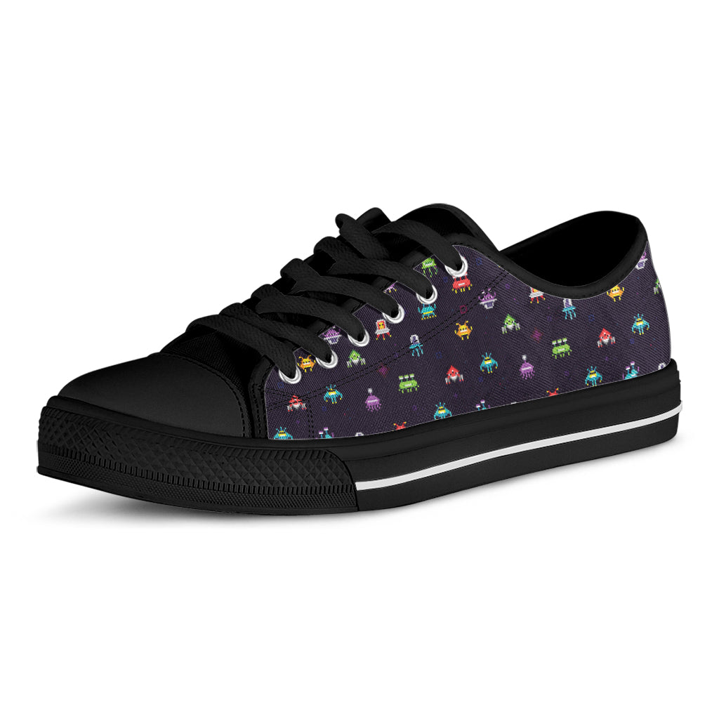 Pixel UFO Aliens Pattern Print Black Low Top Shoes