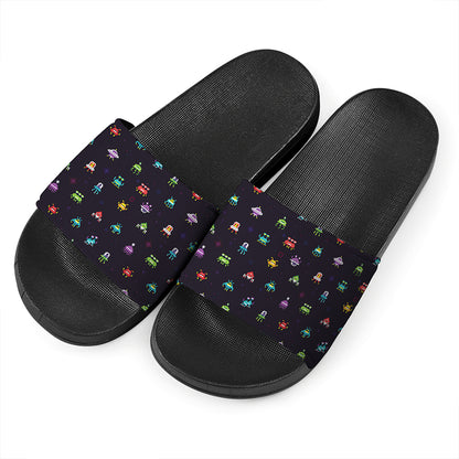 Pixel UFO Aliens Pattern Print Black Slide Sandals