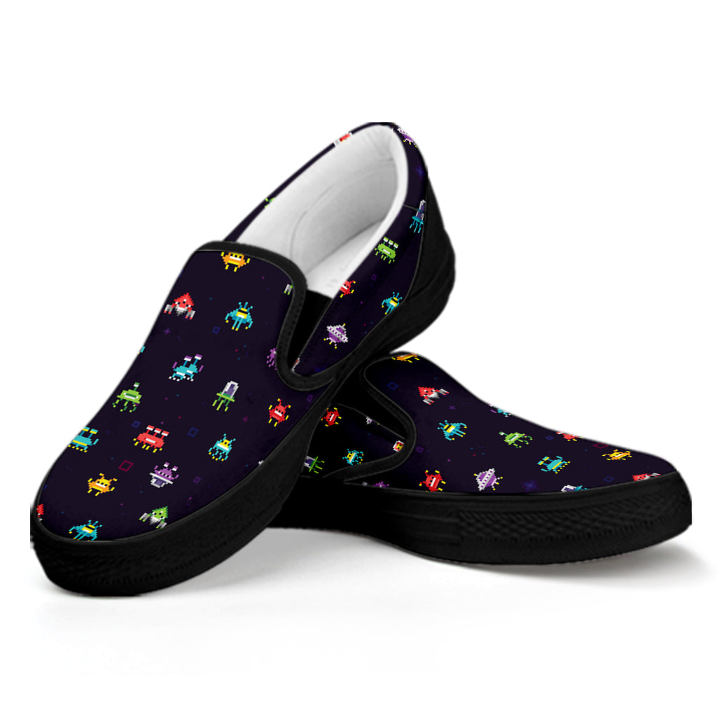 Pixel UFO Aliens Pattern Print Black Slip On Shoes