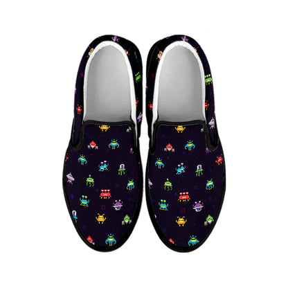 Pixel UFO Aliens Pattern Print Black Slip On Shoes