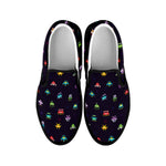 Pixel UFO Aliens Pattern Print Black Slip On Shoes