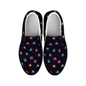 Pixel UFO Aliens Pattern Print Black Slip On Shoes