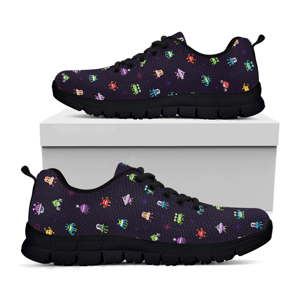 Pixel UFO Aliens Pattern Print Black Sneakers