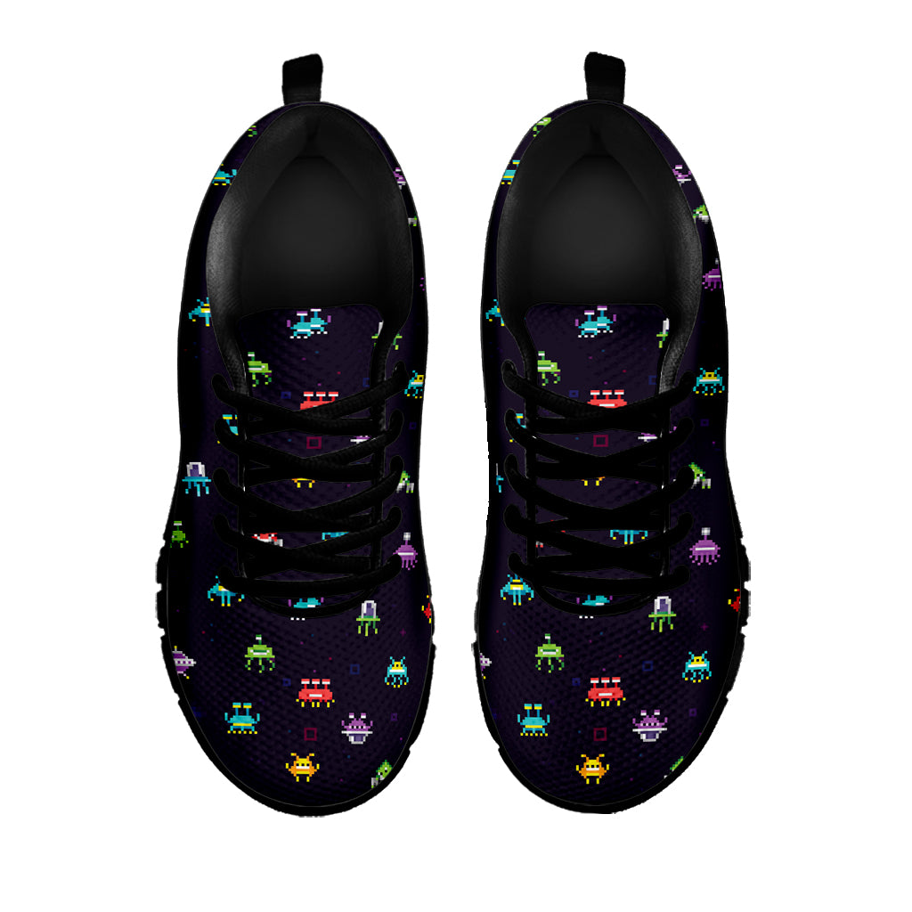 Pixel UFO Aliens Pattern Print Black Sneakers