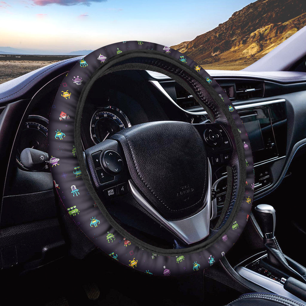 Pixel UFO Aliens Pattern Print Car Steering Wheel Cover