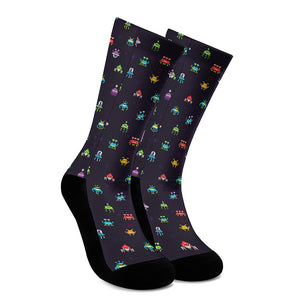 Pixel UFO Aliens Pattern Print Crew Socks