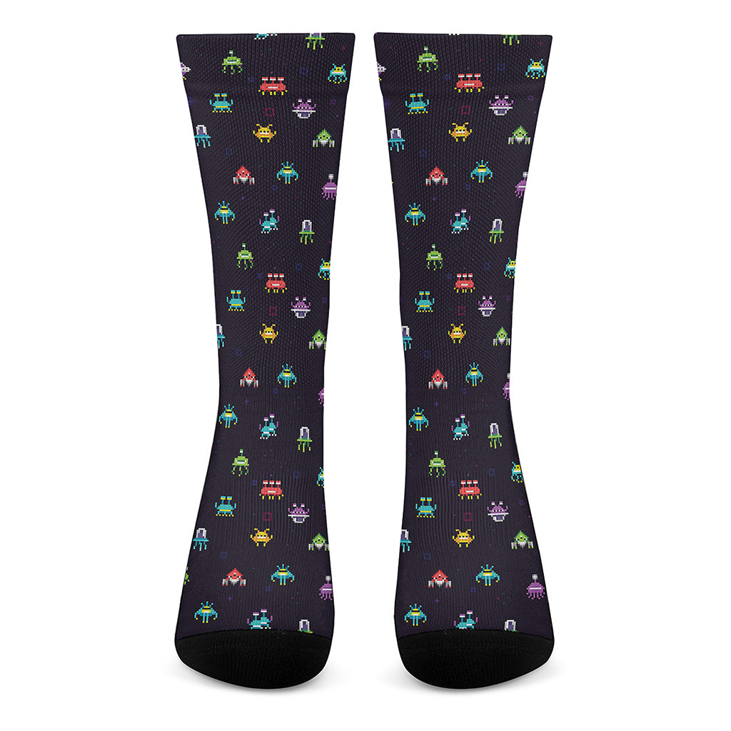 Pixel UFO Aliens Pattern Print Crew Socks