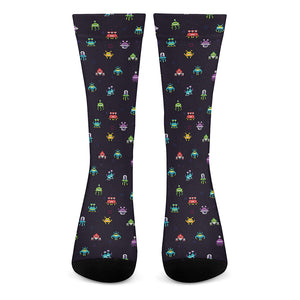 Pixel UFO Aliens Pattern Print Crew Socks