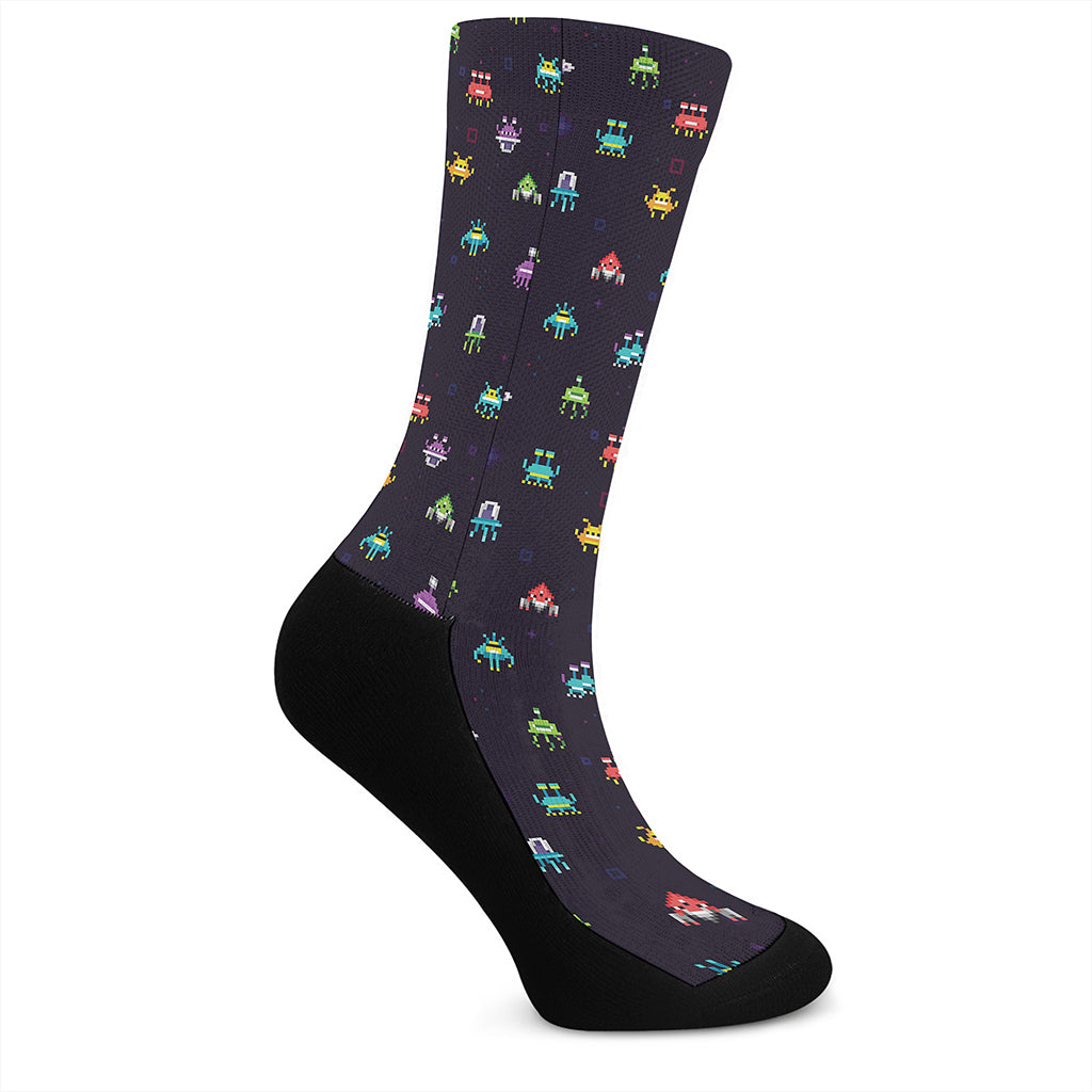 Pixel UFO Aliens Pattern Print Crew Socks